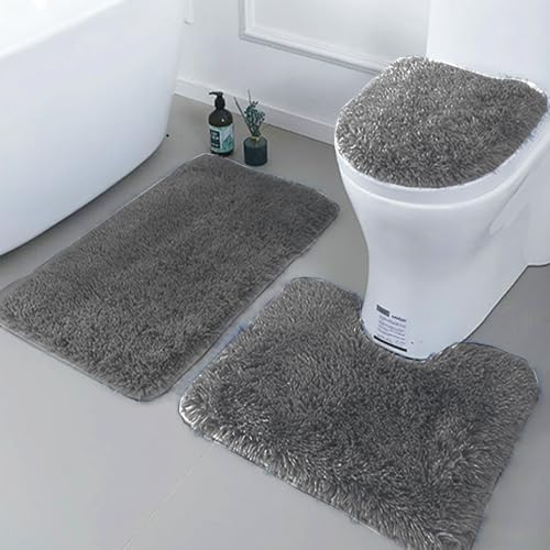 SCVBLJS Weiche Mikrofaser-Badezimmerteppich-Set, 3-teilig, rutschfeste Badezimmerteppiche mit PVC-Punkt-Flanell-Rückseite, Badematte + WC-Vorleger + WC-Sitzbezug, einfarbig hellgrau von SCVBLJS