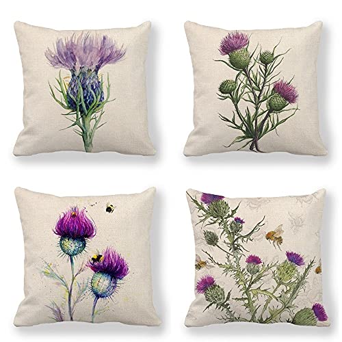 flower Cushion Cover Purple Thistle Flower Painting pillowcase Nature Drawing Ink Garden Health Decor Cushion Case Garden outdoor bench Throw Pillow Covers bee Cushions Couch 45 x 45cm set of 4 von SCVBLJS