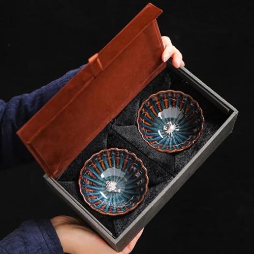 SCZMBLTLNV Teekannen Ofenwechsel Tianmu Glasur Jianzhan Teetasse Handgefertigtes Eingelegtes Silbernes Teetassen Set Kung Fu Tee Keramik Meistertasse Porzellan-Teeservice Tragbares Teeservice(E) von SCZMBLTLNV