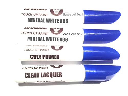 SD COLORS Mineral White A96 Lackstift-Reparatur-Set, 12 ml, Pinsel mit Kratzabsplitterung, Farbcode A96 (Lack + Grundierung) von SD COLORS