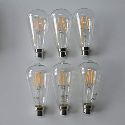 SD LUX B22 LED-Leuchtmittel, Vintage-Fadenzglas-Leuchtmittel, ST64, kein Flackern, Edison-Bajonett-LED-Leuchtmittel, 6 W (entspricht 60 W), 650 lm, warmweiß, 2700 K, nicht dimmbar, 6 Packungen von SD LUX