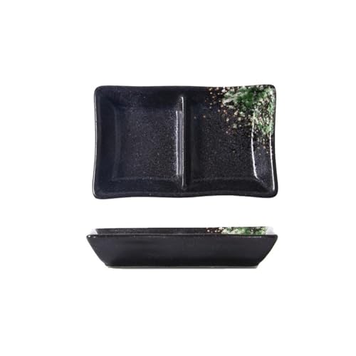 SDA287MZ Sojasauce Schälchen Doppel-grid Keramik Sojasauce Platte Barbecue Gewürz Dip Gericht Teilen Sushi Mahlzeiten Gerichte Stücke Dip Schälchen(Black green) von SDA287MZ