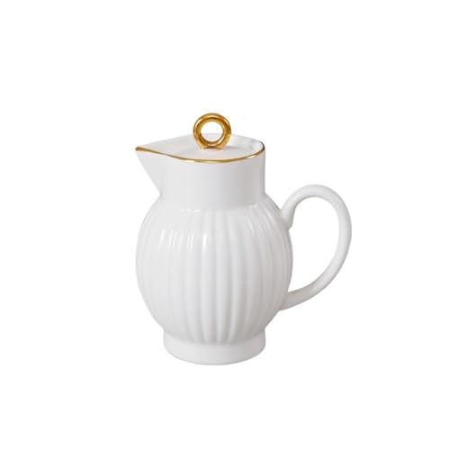 SDA287MZ Soßenkanne Hoher Milchkrug mit Goldrand und spitzem Ausguss und Deckel, Soßentopf aus Keramik, Sauciere Milchkännchen von SDA287MZ