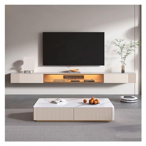 Tv Schrank Hängend An der Wand montierter schwebender TV-Ständer mit Aufbewahrungsschrank, TV-Ständer for Schlafzimmer und Wohnzimmer mit LED-Licht, moderner Fernsehständer mit Schiefer-Tischplatte Un von SDA287MZ