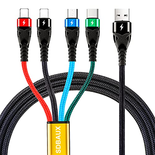 SDBAUX Multi USB Kabel 4 in 1, [3A 1.2M] Geflochten Mehrfach Multi 4 in 1 Ladekabel, mit 2iP/Typ C/Micro USB Ports, für iOS-Telefon, Android Galaxy S25 S24, LG, Sony, Hoor View, Moto, Oneplus, PS5 von SDBAUX