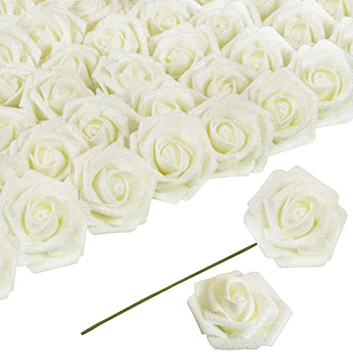 SDEERIT 30 Stück Glitzer-Rosen, künstliche Schaumstoff-Rosen, künstliche Glitzer-Blumen mit Stiel, Schaumstoff-Glitzer-Rose für Hochzeit, Party, Büro, Babyparty, Heimdekoration (Elfenbein) von SDEERIT