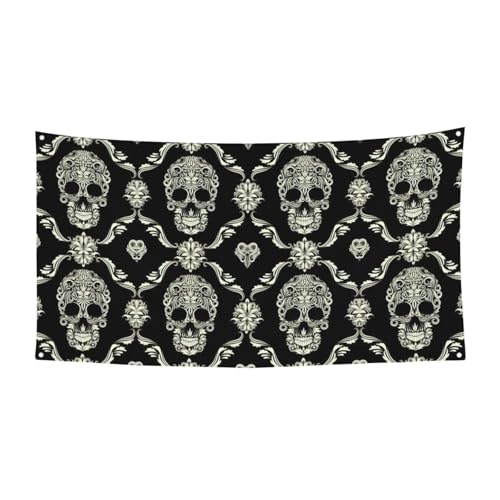 Blumen Schädel Ornament Muster Druck Outdoor Indoor Banner Urlaub Dekoratives Schild mit 4 Metallösen, Festliche Atmosphäre Maker von SDEGTHO