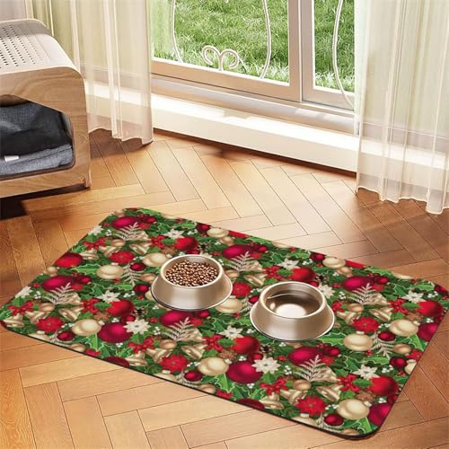 Futtermatte für Hunde und Katzen, saugfähige Leder-Tischdecke, 60 x 40 cm, Motiv: Baumfichte und Blätter, Blumen, Beeren-Druck von SDEGTHO