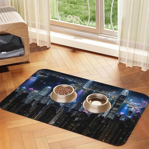 Futtermatte für Hunde und Katzen, saugfähige Leder-Tischdecke, Motiv: Aerial Night Of View, Hongkong, 60 x 40 cm, Katze und Hund von SDEGTHO