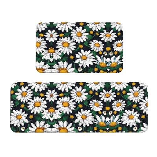 Küchenmatten mit Blumenmuster und Gänseblümchen, 2 Stück, gepolsterte Küchenmatten für Boden, rutschfeste Matte für Küche, Boden von SDEGTHO