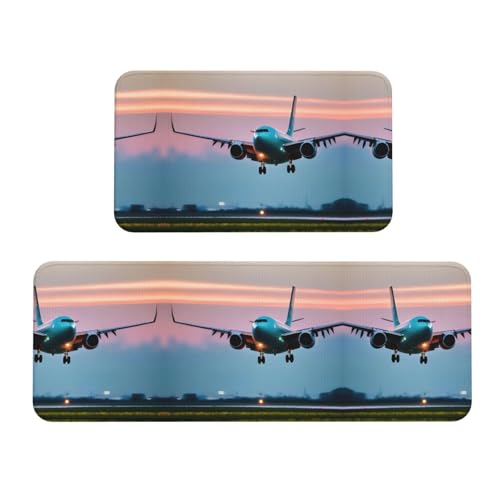 Küchenmatten mit Flugzeug in den Abendlichtern, 2 Stück, gepolsterte Küchenmatten für Boden, rutschfeste Matte für Küche, Boden Küchenmatten mit Flugzeug in den Abendlichtern, 2 Stück, gepolsterte Küchenmatten für Boden, rutschfeste Matte für Küche, Boden von SDEGTHO
