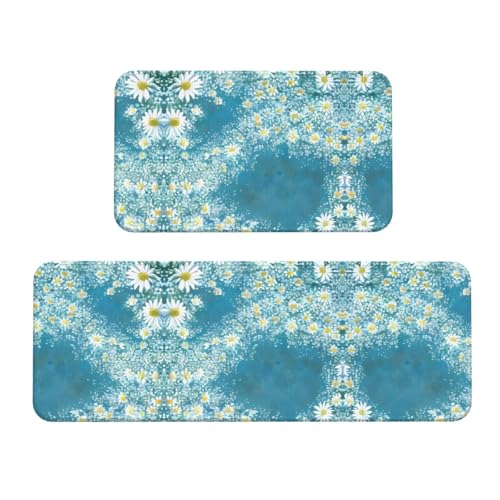 Küchenmatten mit Gänseblümchen-Motiv, gepolstert, für Boden, rutschfeste Matte für Küche, Boden, Weiß, Blau, 2 Stück Küchenmatten mit Gänseblümchen-Motiv, gepolstert, für Boden, rutschfeste Matte für Küche, Boden, Weiß, Blau, 2 Stück von SDEGTHO