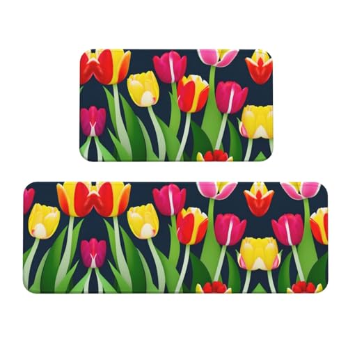 Küchenmatten mit buntem Tulpenmuster, 2 Stück, gepolsterte Küchenmatten für Boden, rutschfeste Matte für Küche, Boden Küchenmatten mit buntem Tulpenmuster, 2 Stück, gepolsterte Küchenmatten für Boden, rutschfeste Matte für Küche, Boden von SDEGTHO