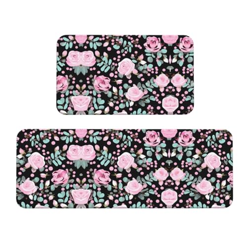 Küchenmatten mit niedlichem Rosen-Mix, Leopardenmuster, 2 Stück, gepolsterte Küchenmatten für Boden, rutschfeste Matte für Küche, Boden von SDEGTHO