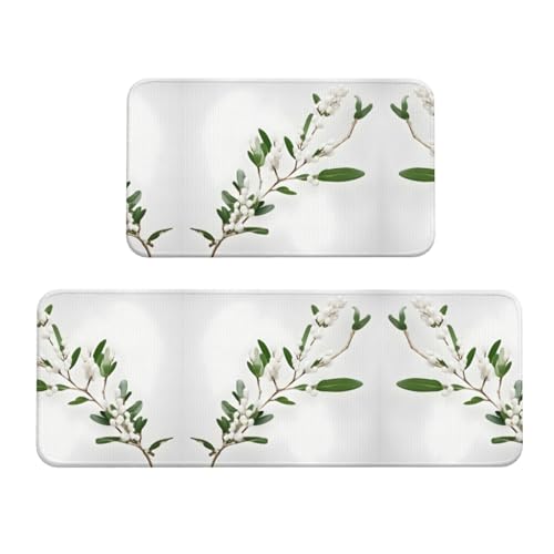 Küchenmatten mit weißen wilden grünen Zweigen, 2 Stück, gepolsterte Küchenmatten für Boden, rutschfeste Matte für Küche, Boden Küchenmatten mit weißen wilden grünen Zweigen, 2 Stück, gepolsterte Küchenmatten für Boden, rutschfeste Matte für Küche, Boden von SDEGTHO