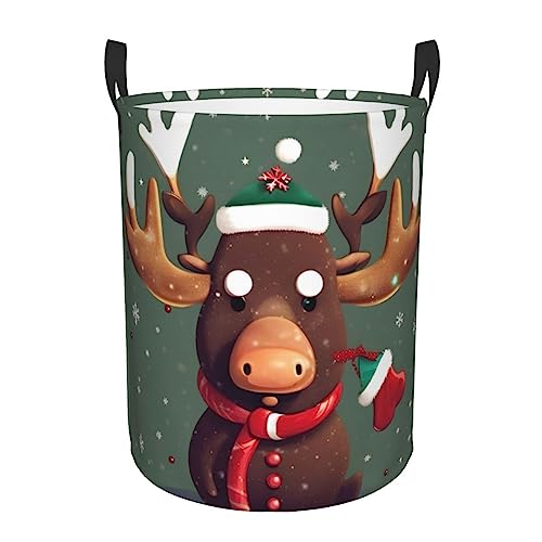 Lustiger Weihnachts-Wäschekorb mit Elchkopf, rund, groß, mit Griffen, Aufbewahrungs-Organizer, perfekt für Schlafzimmer, Zuhause von SDEGTHO