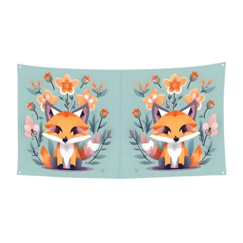 Niedliches Tier Fuchs Blumen Druck Outdoor Indoor Banner Urlaub dekoratives Schild mit 4 Metallösen, festliche Atmosphäre Maker von SDEGTHO