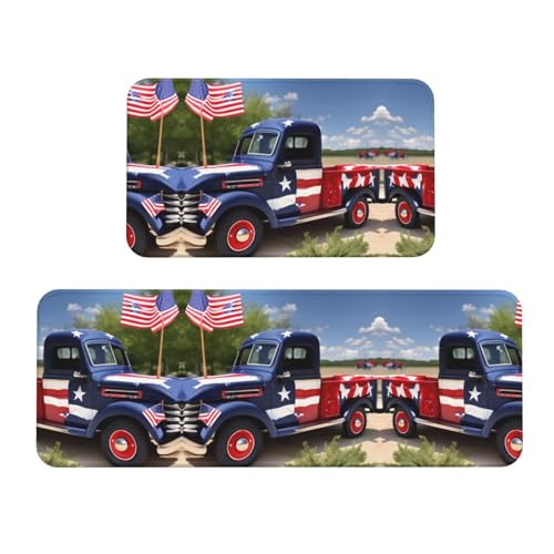 Weihnachtliche Küchenmatten für den 4. Juli, Motiv: Patriotische LKWs, 2 Stück, gepolsterte Küchenmatten für Boden, rutschfeste Matte für Küche, Boden Weihnachtliche Küchenmatten für den 4. Juli, Motiv: Patriotische LKWs, 2 Stück, gepolsterte Küchenmatten für Boden, rutschfeste Matte für Küche, Boden von SDEGTHO