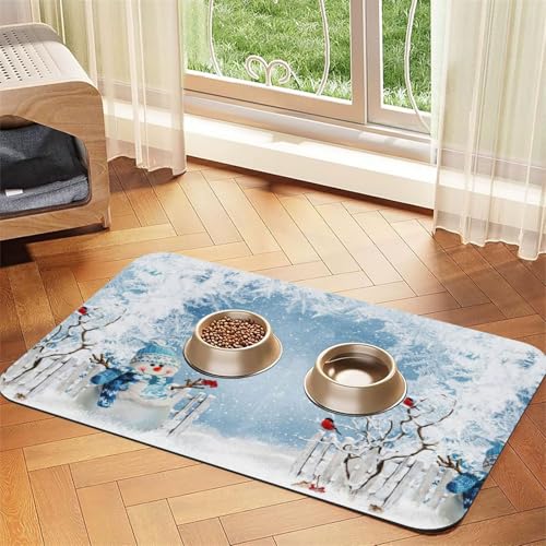 Weihnachtliche Schneemann-Futtermatte für Hunde und Katzen, saugfähige Leder-Tischdecke, 60 x 40 cm, Katze und Hund von SDEGTHO