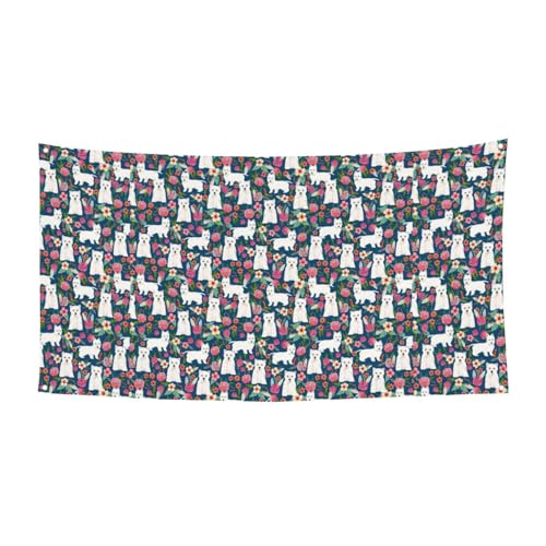 Weißer Hund und Blumen Druck Halloween Weihnachten Banner Dekor Outdoor Indoor Hängendes Partyschild farbecht für wiederholten Gebrauch von SDEGTHO