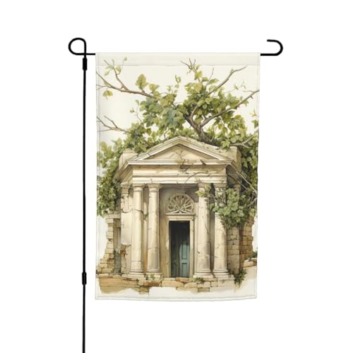 Antikes Gebäude mit römischem Olivenzweig und griechischem Druck, 30,5 x 45,7 cm, florale Gartenflagge, ganzjährig, für den Außenbereich, dick, für Rasenflaggen von SDFHU
