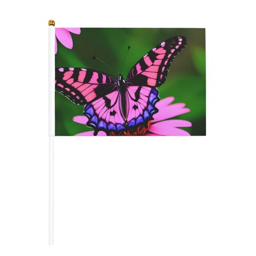 Handflagge, Motiv: rosa Blume, lila, Schmetterling, vielseitig einsetzbar, für Partys, Paraden, Dekorationen, Urlaub von SDFHU