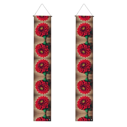 Holzbrett, Retro-Blume, roter Dahlie-Druck, lebendige Ästhetik, festliche Atmosphäre, Banner, Dekoration, Innen- und Außenbereich, Feiern von SDFHU