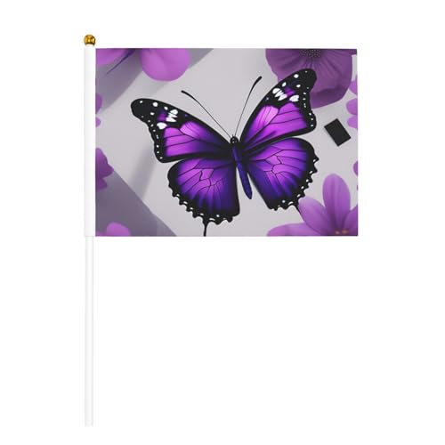 Lila Schmetterling und Blume, 1 Druck, praktische Handflagge, vielseitige Flaggen, Stange, Partys, Paraden, Dekorationen, Urlaub von SDFHU
