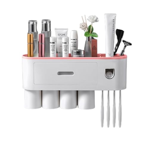 SDFJKHRD Zahnbürstenhalter Wand Mit Zahnpastaspender, Großer Kapazität Mit Kosmetik-Organizer-Schublade,Pinselschlitzen, Magnetischen Bechern Für Große Familien,Rosa,4 Cups von SDFJKHRD