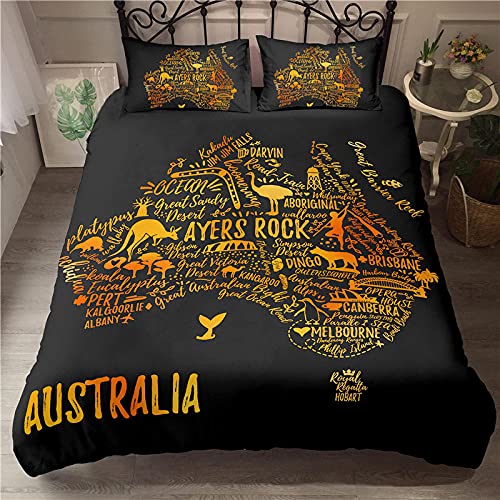 Bedrucktes Bettbezug Schwarz 200x200 cm Australien Karte Australia,3 Teilig Bettwäsche-Set Weich Pflegeleicht Hypoallergen Mikrofaser Bettbezug mit Reißverschluss Schließung + 2 Kissenbezügen 80x80cm von SDFWEWQ