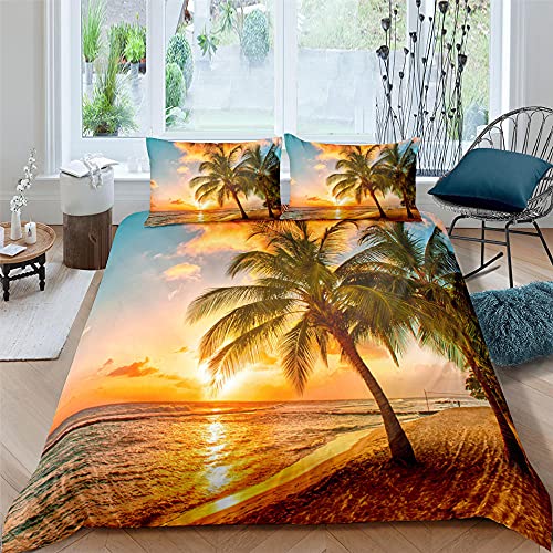 Bettbezug Orange 200x200 cm Palme Bei Sonnenuntergang 3 Teilig Bettwäsche-Set Modern Weiche Atmungsaktive und Angenehme Gedruckte Mikrofaser Bettbezüge mit Reißverschluss und 2 Kissenbezug 80x80 cm von SDFWEWQ