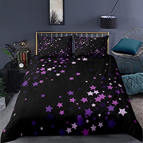 SDFWEWQ Bettbezug Schwarz 155x220 cm Lila Sterne 3 Teilig Bettwäsche-Sets Weich Atmungsaktive Angenehme Modern Mikrofaser Bettdecken Bezug mit Reißverschluss und 2 Kissenbezug 80x80 cm von SDFWEWQ