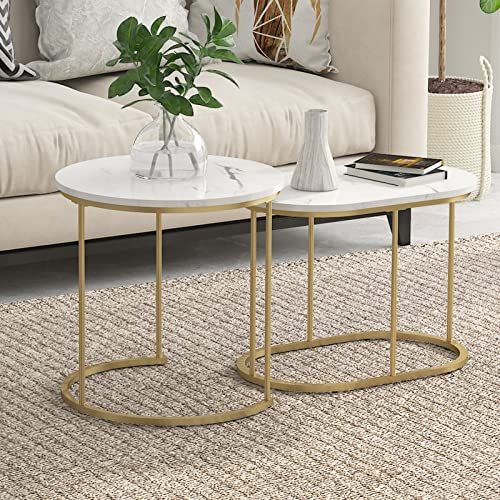 SDHYL 2er Couchtisch Set, weiße Faux Marmor Beistelltische Sofatisch, Beistelltisch,Nesting Couchtische for Wohnzimmer, Schlafzimmer, Büro (Weiß&Gold) von SDHYL