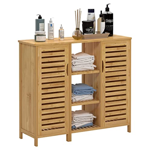 SDHYL Beistellschrank aus Bambus mit 2 Türen, 3 offenen Regalen, offenem Fach und verstellbarem Regal, multifunktional, für Küche und Wohnzimmer von SDHYL