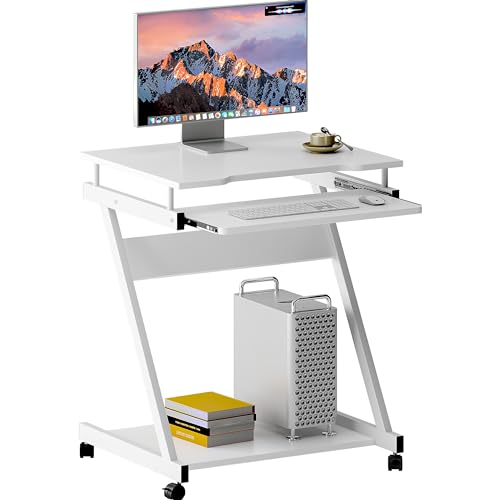 SDHYL Computer-Schreibtisch, tragbar, Beistelltisch in Z-Form, mit Tastaturablage, klein, mit Rollen, Weiß von SDHYL