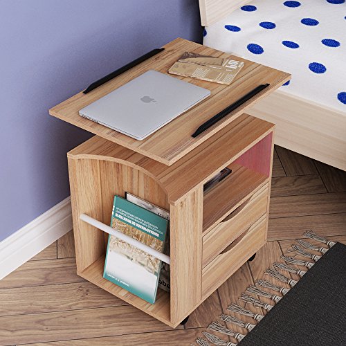 SDHYL Drehbarer Nachttisch mit Rädern – 360° Schwenkplatte, 2 Schubladen & offene Ablage – Verstellbare Höhen-Bettsideboard (Eichen) von SDHYL