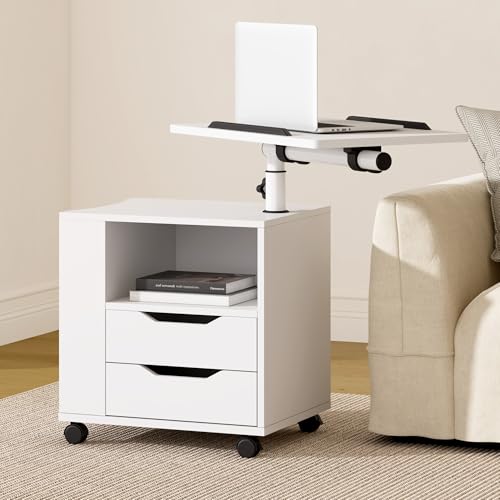 SDHYL Drehbarer Nachttisch mit Rädern – 360° Schwenkplatte, 2 Schubladen & offene Ablage – Verstellbare Höhen-Bettsideboard (Weiß) von SDHYL