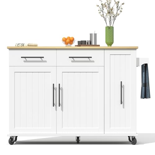 SDHYL Kücheninsel mit Klappblatt – 3-Tier Pull-Out Schrank Organizer, Interne Regale, Rollender Cart mit Handtuchhalter & 2 Schubladen für Esszimmer, Weiß von SDHYL