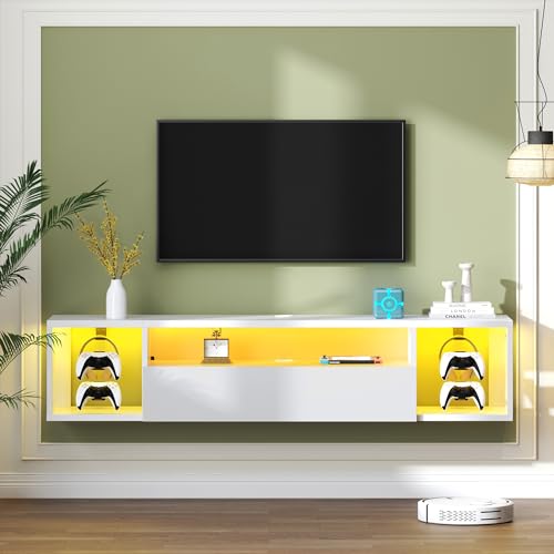 SDHYL TV-Wandschrank, 55 Zoll mit LED-Lichtern, schwebender TV-Ständer mit Kabelmanagement, Multimedia-Konsole mit Aufbewahrung für Wohnzimmer, Weiß von SDHYL