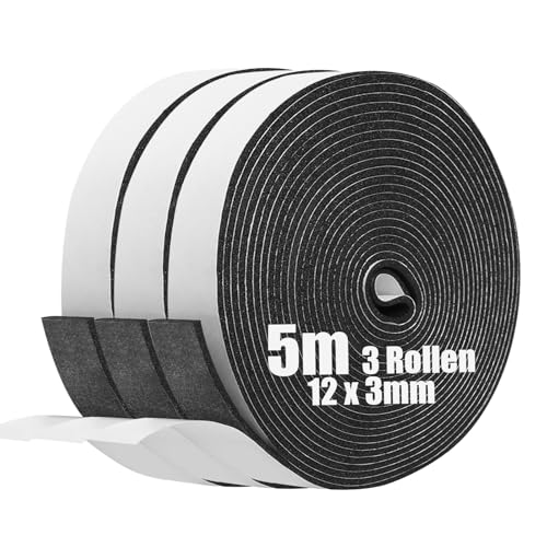 SDLDEER Moosgummi Selbstklebend Dichtungsband Selbstklebend Schaumstoff Klebeband für Fenster Türdichtungen Siegel Anti-Kollision Schalldämmung (12mm(B) x3mm(D) x5m(L),3 Rollen) von SDLDEER