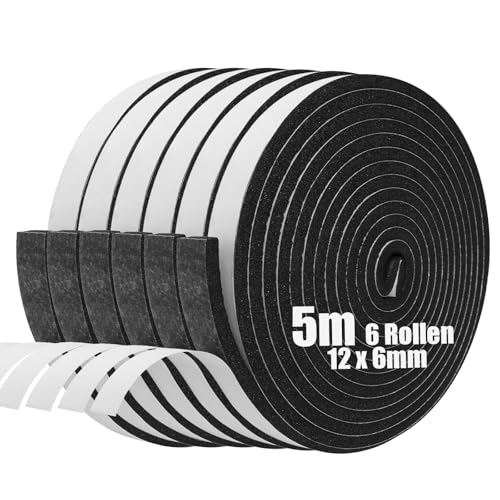 SDLDEER Moosgummi Selbstklebend Dichtungsband Selbstklebend Schaumstoff Klebeband für Fenster Türdichtungen Siegel Anti-Kollision Schalldämmung (12mm(B) x6mm(D) x5m(L),6 Rollen) von SDLDEER