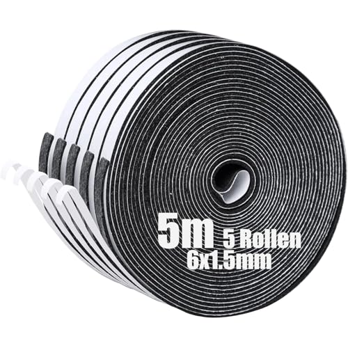SDLDEER Moosgummi Selbstklebend Dichtungsband Selbstklebend Schaumstoff Klebeband für Fenster Türdichtungen Siegel Anti-Kollision Schalldämmung (6mm(B) x1.5mm(D) x5m(L),5 Rollen) von SDLDEER