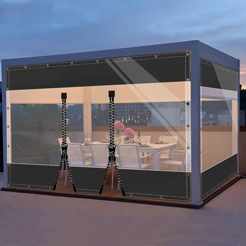 SDLLG Outdoor Winter Vorhänge Wetterfeste Anpassbar Verdickenplane 0.5mm Trennvorhang für Garten Balkon Draussen Pavillon Terrasse Deck 2x2.2m(HxL) Schwarz mit 2 Reißverschlüsse von SDLLG