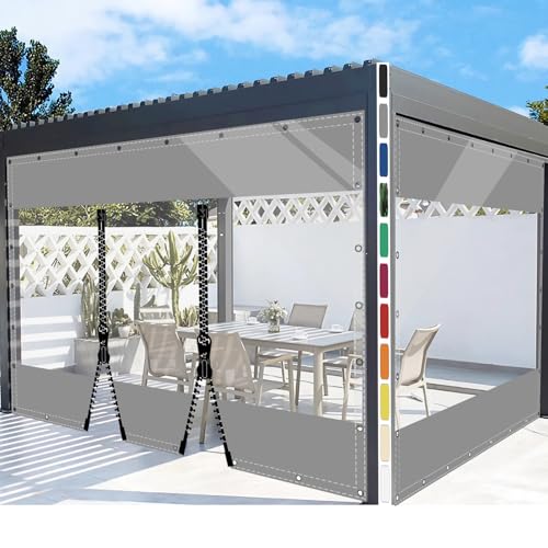 SDLLG Outdoorvorhänge mit Ösen Transparente PVC Gewebeplane Gartenplane durchsichtig Plane Verdickenplane 0.5mm für Terrassen Garten Balkon Draussen Garage 2.5x4m(HxL) Grau mit 2 Reißverschlüsse von SDLLG