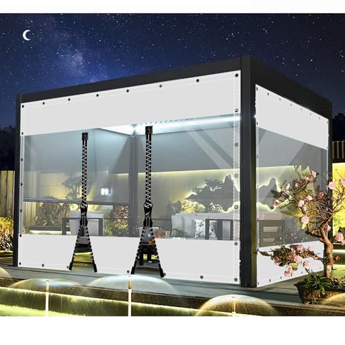 SDLLG Transparent Pavillonplane Gartenplane mit Ösen PVC Winddicht Vorhang 0.5mm Wasserdichter Plane Trennvorhang für Draussen Garage Terrassen Garten Balkon 1.5x3.2m(HxL) Weiß mit 2 Reißverschlüsse von SDLLG