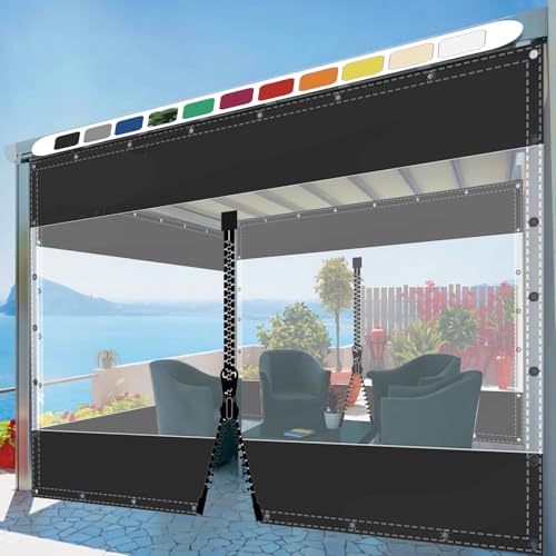 SDLLG Transparent Pavillonplane Gartenplane mit Ösen PVC Winddicht Vorhang 0.5mm Wasserdichter Plane Trennvorhang für Draussen Terrassen Garten Balkon 2x2m(HxL) Schwarz mit 1 Reißverschluss von SDLLG