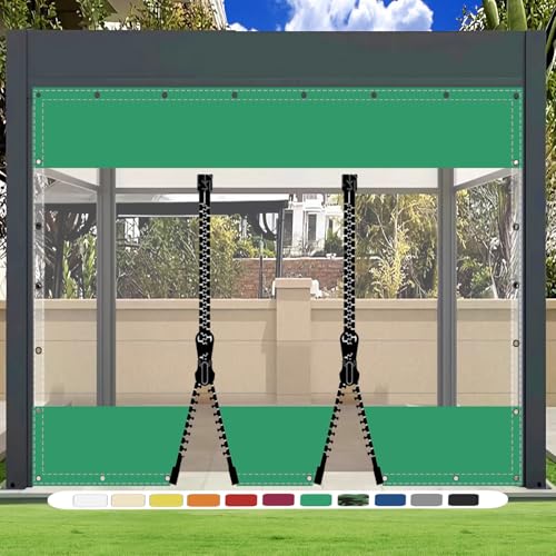 SDLLG Transparent Pavillonplane Gartenplane mit Ösen PVC Winddicht Vorhang 0.5mm Wasserdichter Plane Trennvorhang für Draussen Terrassen Garten Balkon 2x3.4m(HxL) Grün mit 2 Reißverschlüsse von SDLLG