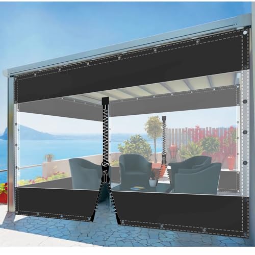 SDLLG Transparent Pavillonplane Gartenplane mit Ösen PVC Winddicht Vorhang 0.5mm Wasserdichter Plane Trennvorhang für Draussen Terrassen Garten Balkon 2x4.4m(HxL) Schwarz mit 1 Reißverschluss von SDLLG