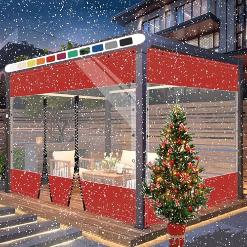 SDLLG Transparent Pavillonplane Gartenplane mit Ösen PVC Winddicht Vorhang 0.5mm Wasserdichter Plane Trennvorhang für Draussen Terrassen Garten Balkon 2x6.6m(HxL) Rot mit 2 Reißverschlüsse von SDLLG