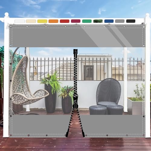 SDLLG Transparente Trennvorhänge mit Ösen, PVC Outdoor Planenvorhänge 0,5mm Klar Seitenplane für Pavillons, Pergola, Balkon e, Gärten, Garage,Vorbau 2x3.8m(HxL) Grau mit 1 Reißverschluss von SDLLG